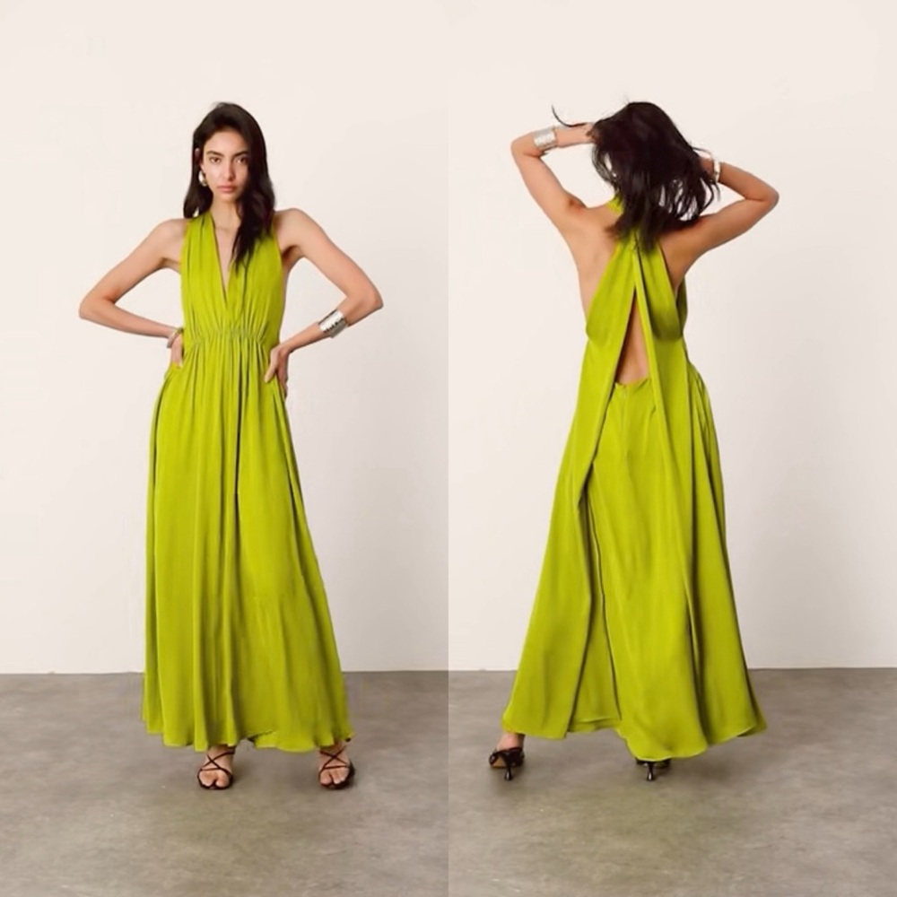 ASOS EDITION satin halter maxi dress with pockets ruched detail in chartreuse